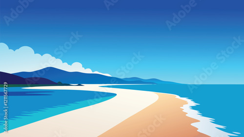 Empty beach with clear blue water stretching under a bright sky, inviting tranquility and relaxation flat vector illustration.