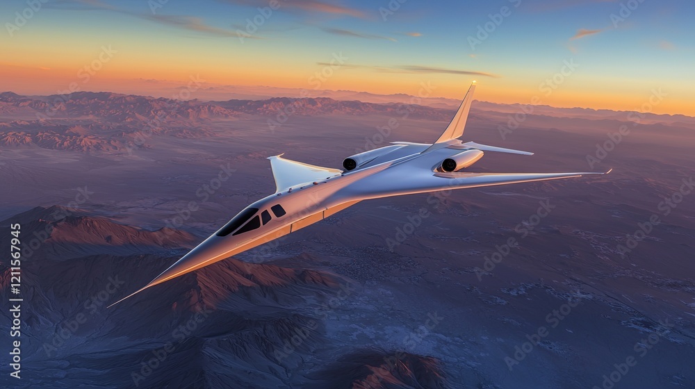 Naklejka premium Supersonic Jet Over Mountain Range at Sunset
