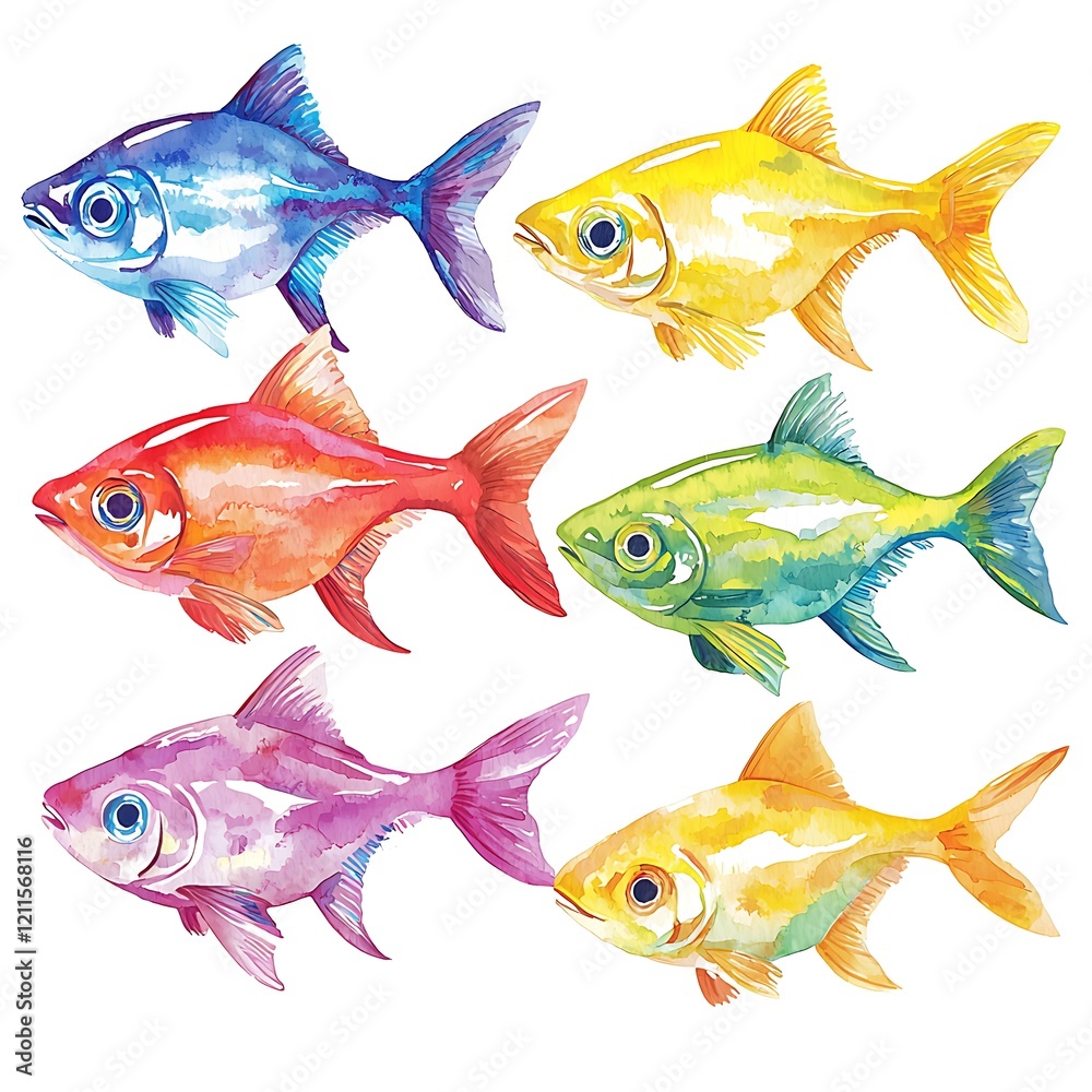 Naklejka premium Six Vibrant Watercolor Fish, Rainbow Colored Aquatic Life Illustration.