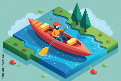 A person is kayaking on a calm river, surrounded by lush trees and vibrant flowers in a serene outdoor setting, Kayaking Customizable Isometric Illustration