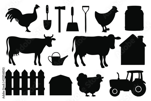 Farm with animals silhouettes set isolated flat vector illustration on white background