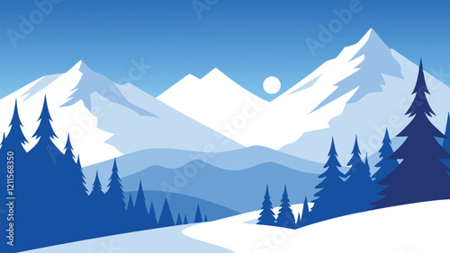 Forest scene featuring trees blanketed in fresh, white snow, creating a tranquil winter landscape flat vector illustration.