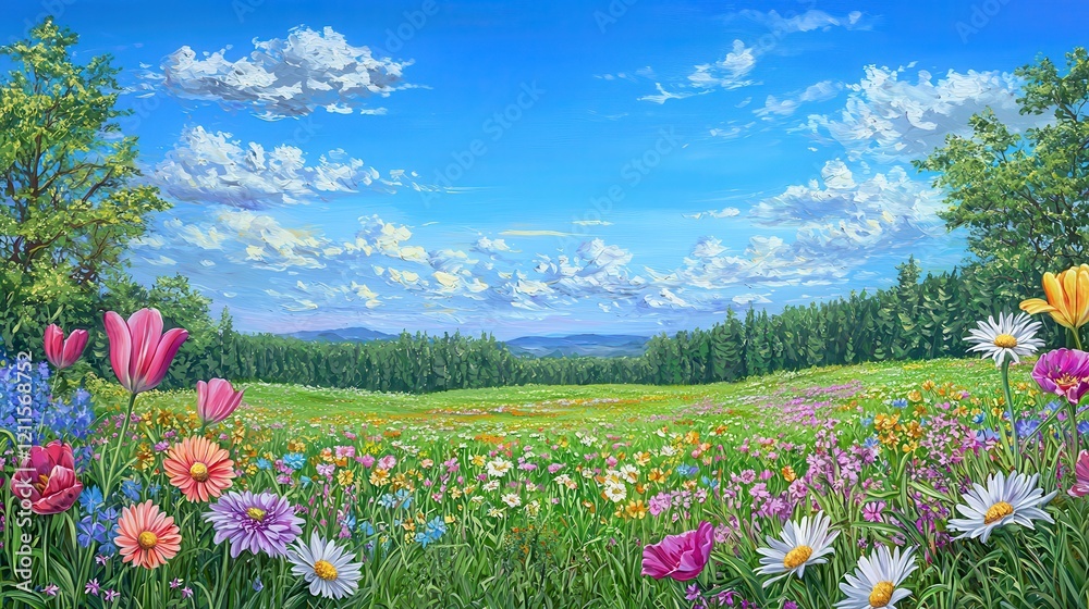 Vibrant Wildflower Meadow Under Blue Sky with Fluffy Clouds Vibrant Wildflower Meadow Under Blue Sky with Fluffy Clouds