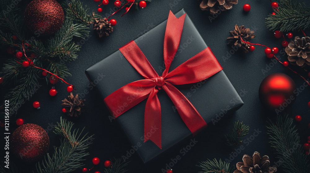 Dark gift box with red ribbon, surrounded by pine, berries, and ornaments. Dark gift box with red ribbon, surrounded by pine, berries, and ornaments.