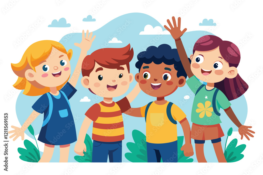 Kids joyfully high five, showcasing their excitement and camaraderie in a colorful outdoor backdrop, Kids high five Customizable Disproportionate Illustration Kids joyfully high five, showcasing their excitement and camaraderie in a colorful outdoor backdrop, Kids high five Customizable Disproportionate Illustration