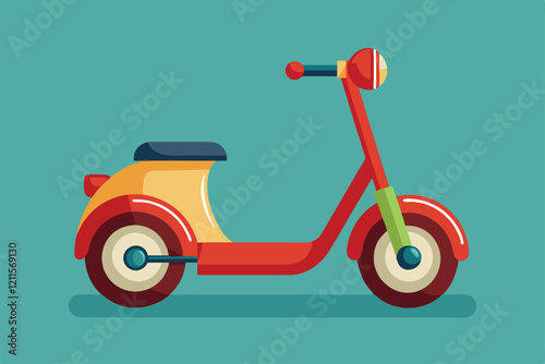 A vibrant illustration of a retro scooter with bold colors and smooth lines against a minimal backdrop, kid scooter