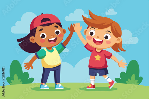 Two joyful children share a high five in a vibrant cartoon landscape, showcasing their friendship and happiness, Kids high five Customizable Cartoon Illustration