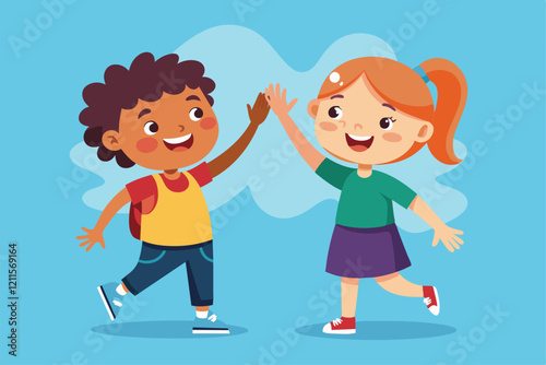 Two kids celebrate their friendship by high-fiving with smiles on their faces in a vibrant, playful setting, Kids high five Customizable Flat Illustration
