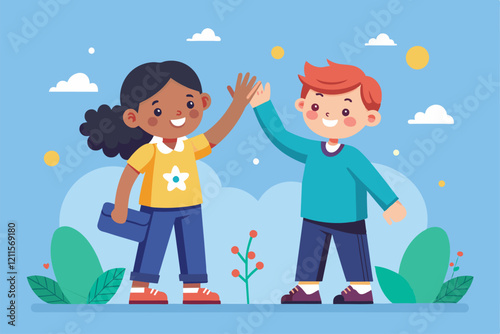 Two kids joyfully high five each other outdoors, showcasing their friendship in a bright and cheerful atmosphere, Kids high five Customizable Semi Flat Illustration