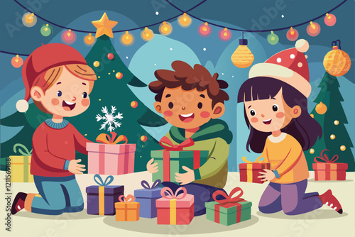 Kids excitedly unwrap their Christmas gifts while surrounded by colorful decorations and a glowing tree, Kids open their christmas gifts Customizable Cartoon Illustration