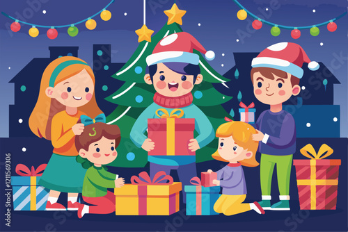 Children gather excitedly to unwrap Christmas presents beneath a twinkling tree surrounded by colorful decorations, Kids open their christmas gifts Customizable Flat Illustration