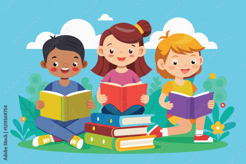 Three children happily read books while sitting on the grass surrounded by colorful plants and a clear blue sky, Kids reading Customizable Flat Illustration Three children happily read books while sitting on the grass surrounded by colorful plants and a clear blue sky, Kids reading Customizable Flat Illustration