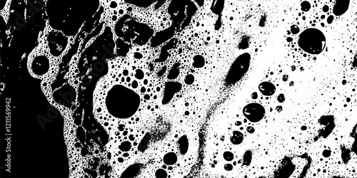 Grunge soap texture with foam and wash background. Water and black liquid shampoo. Abstract bubble pattern with trace overlay.