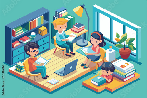 Children collaborate on schoolwork in a bright, inviting room, engaging in online learning at home, Kids studying from home Customizable Isometric Illustration
