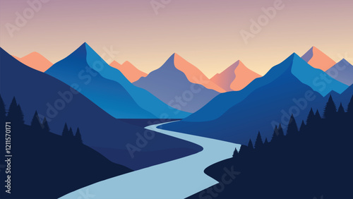 Majestic mountains surround a winding river, highlighting the serene landscape and the harmony of nature. flat vector illustration