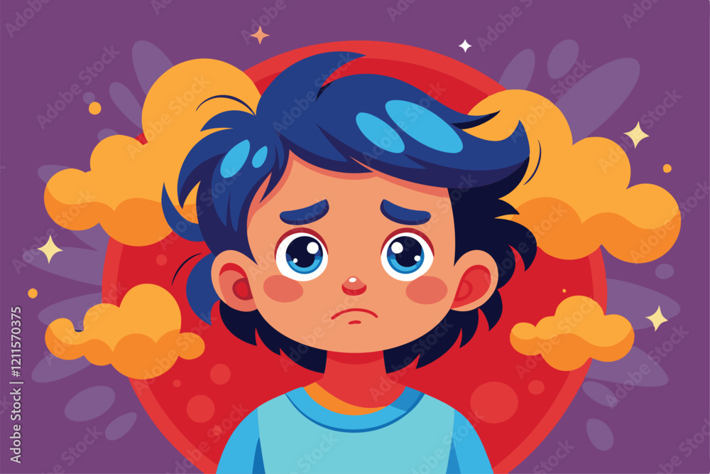 A child shows sadness and discomfort, with expressive eyes reflecting negative feelings in a colorful setting, Kid with negative feelings and emotions, A child shows sadness and discomfort, with expressive eyes reflecting negative feelings in a colorful setting, Kid with negative feelings and emotions,