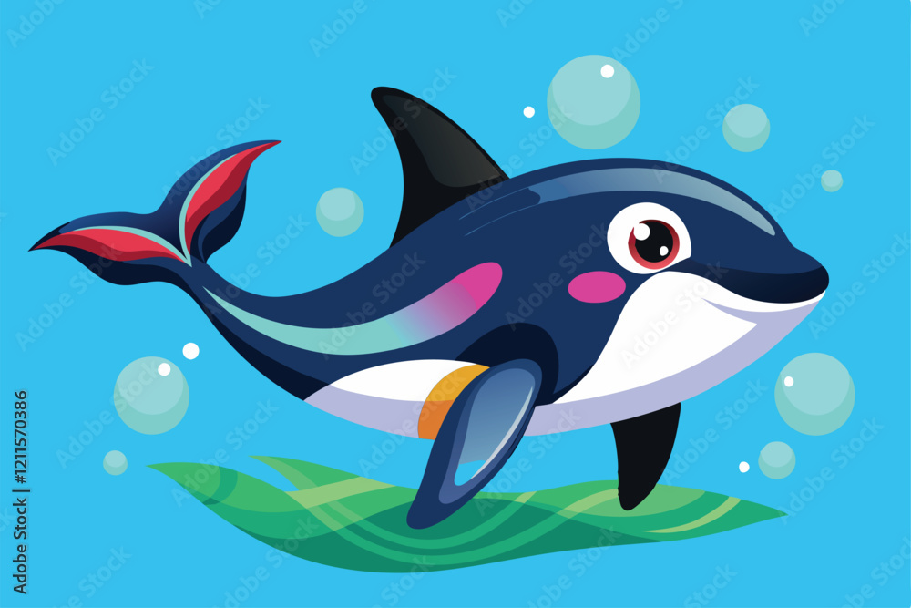 A cheerful killer whale swims through the water surrounded by bubbles and green seaweed, adding vibrancy to the scene, Killer Whale Cartoon Colored Clipart Illustration A cheerful killer whale swims through the water surrounded by bubbles and green seaweed, adding vibrancy to the scene, Killer Whale Cartoon Colored Clipart Illustration