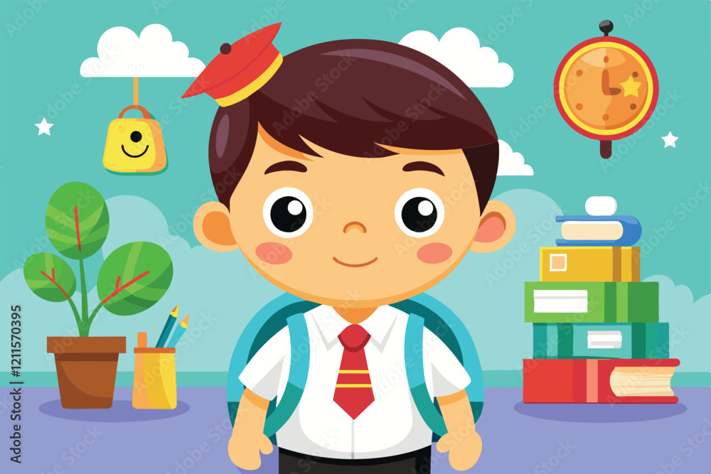 A young student stands happily in a bright classroom, excited for school and surrounded by books and learning materials, Kindergarten student Customizable Cartoon Illustration A young student stands happily in a bright classroom, excited for school and surrounded by books and learning materials, Kindergarten student Customizable Cartoon Illustration