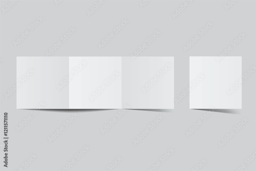 Square open leaflet, three panel accordion fold mockup template on background .Blank trifold paper, thank you card, notecards, flyer, greeting card, wedding invitation, postcard, brochure. Vector
