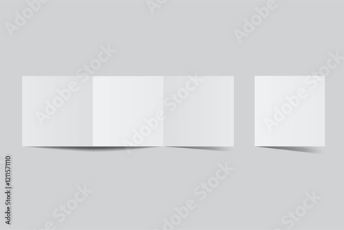 Square open leaflet, three panel accordion fold mockup template on background .Blank trifold paper, thank you card, notecards, flyer, greeting card, wedding invitation, postcard, brochure. Vector
