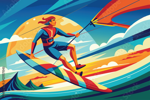 A skilled kite surfer rides the waves under a colorful sunset sky, showcasing the thrill of the sport, Kite surfer surfing on the waves. Vector illustration in retro style
