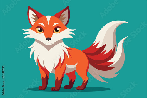 A colorful kitsune character with bushy fur and bright eyes stands against a solid turquoise background, Kitsune Customizable Flat Illustration