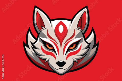 A striking kitsune mask with exaggerated features showcases a unique design ideal for customization, Kitsune mask Customizable Disproportionate Illustration