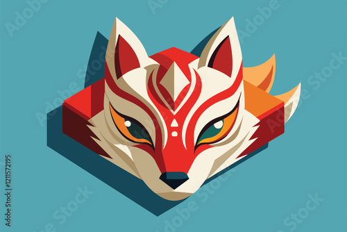 A colorful kitsune mask design showcases customizable features and an isometric perspective with playful elements, Kitsune mask Customizable Isometric Illustration