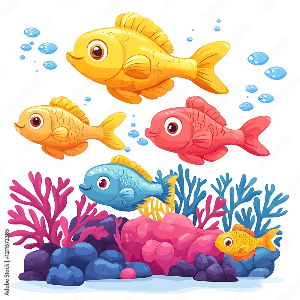 Fototapeta premium Colorful Cartoon Fish Swimming in Vibrant Coral Reef
