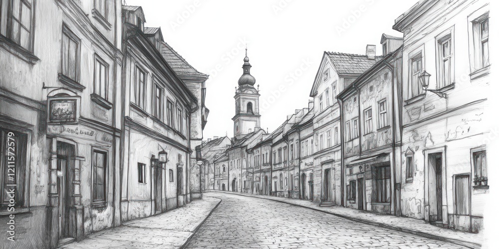 Obraz premium A Penciled Sketch Of A Cobblestone Street And Old Buildings