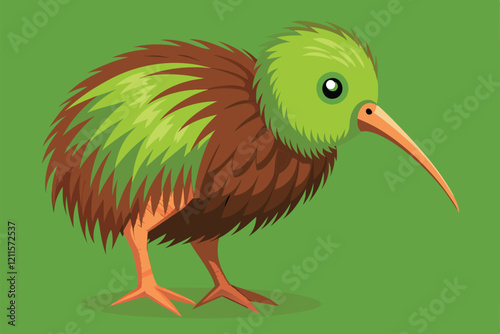 A vibrant kiwi bird depicted in semi-flat style, showcasing its unique features against a solid green background, Kiwi bird Customizable Semi Flat Illustration