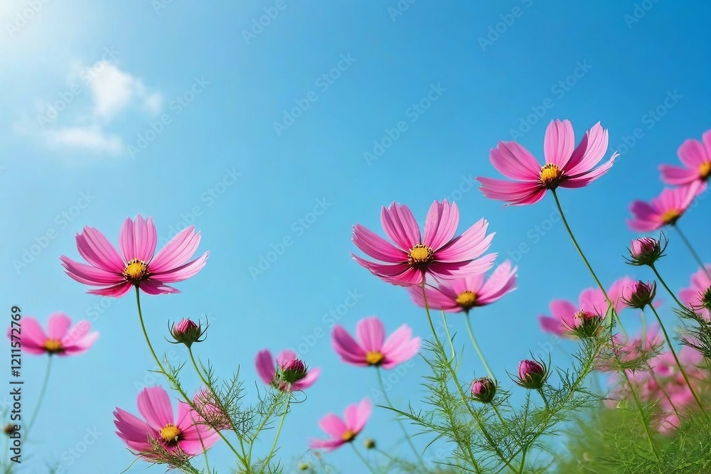 abstract Closeup of pink Cosmos flower with blue sky under sunlight with copy space background abstract Closeup of pink Cosmos flower with blue sky under sunlight with copy space background