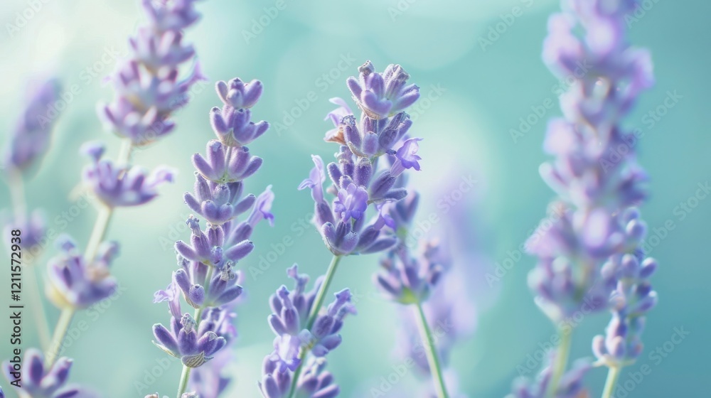 Naklejka premium Close-Up View of Lavender Flowers in Soft Focus Against a Dreamy Background Featuring Delicate Shades of Purple and Hints of Green, Ideal for Nature-Themed Projects and Designs
