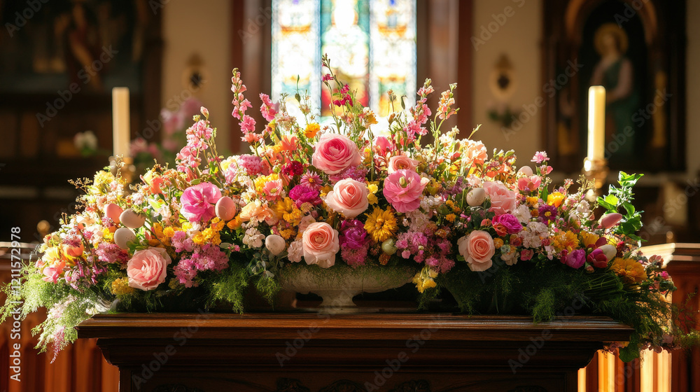 Fototapeta premium Vibrant Pink and Yellow Floral Church Altar Decor