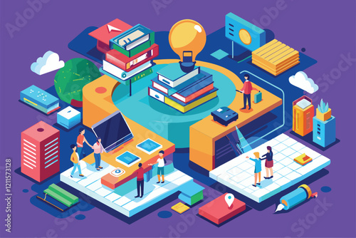 The illustration depicts various people engaged in learning activities within a colorful, customizable space, Knowledge Customizable Isometric Illustration