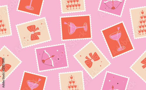 Сute Valentine's day seamless pattern with postage stamps. Hand drawn groovy cartoon sticker elements. 14 February coquette with heart. Funky Saint Valentine design in flat style. Isolated vector