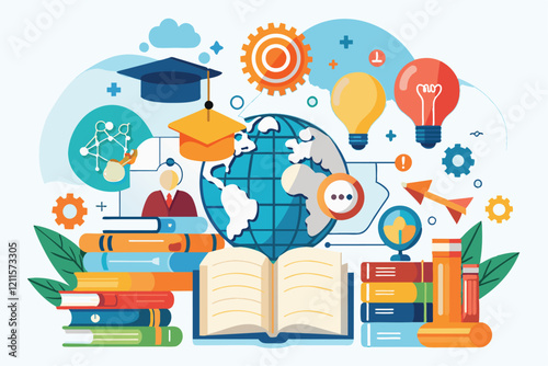 This artwork showcases education and knowledge through books, light bulbs, and learning symbols, Knowledge education, learning, explain concept