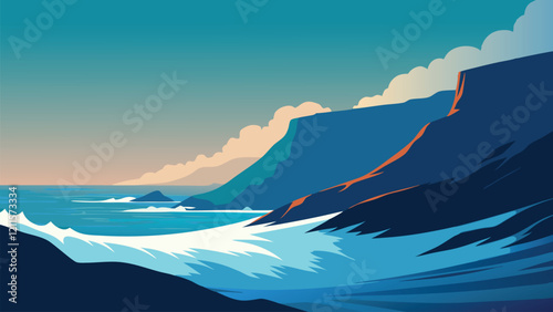 Waves crash against a rocky shoreline, highlighting the power of nature in a stunning coastal landscape flat vector illustration