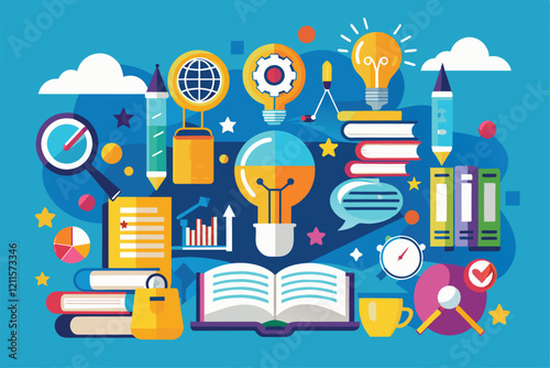 A lively display of books, bulbs, and tools captures the thrill of learning and knowledge discovery, Knowledge education, learning, explain concept