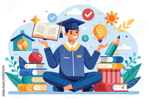 A cheerful student sits cross-legged with books, exploring knowledge and learning, Knowledge gain, academic studying, cognitive academic research,