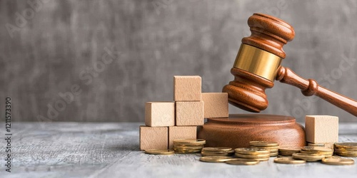 A wooden gavel rests beside blocks and coins, symbolizing law, justice, and financial matters in a professional setting. photo