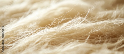 Close-up image of fine wool fibers in soft cream tones displaying intricate textures and natural characteristics against a blurred background. photo