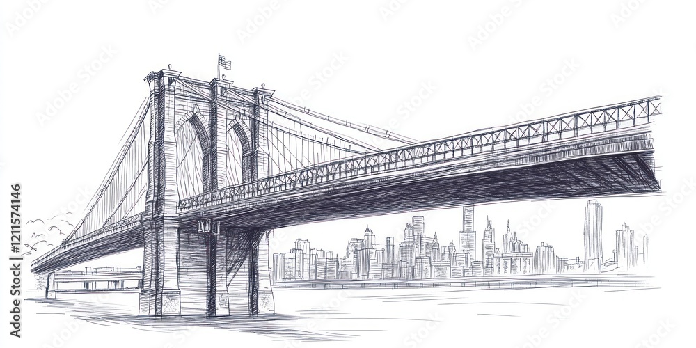 Naklejka premium Brooklyn Bridge Sketch With City Skyline View