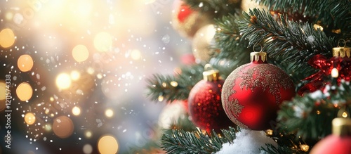 Christmas tree adorned with red and gold ornaments on lush green branches, warm bokeh lights in soft focus in the background, festive atmosphere.