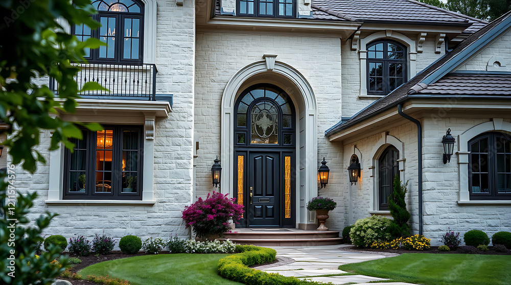 Fototapeta premium Luxury Home Exterior: Elegant Stone Facade and Landscaping at Night