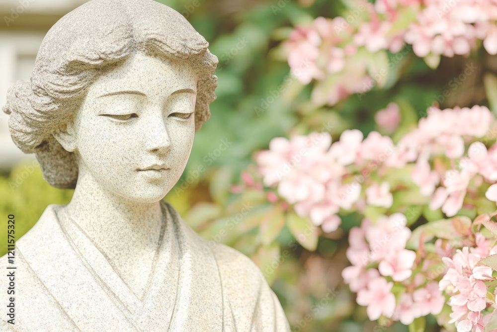 Serene Stone Statue Amidst Blooming Pink Flowers in Tranquil Garden Setting Serene Stone Statue Amidst Blooming Pink Flowers in Tranquil Garden Setting
