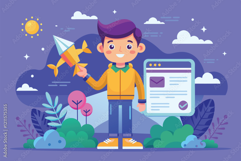 A young boy smiles with a colorful paper airplane in a whimsical outdoor setting of trees and clouds, Landing page Customizable Cartoon Illustration A young boy smiles with a colorful paper airplane in a whimsical outdoor setting of trees and clouds, Landing page Customizable Cartoon Illustration