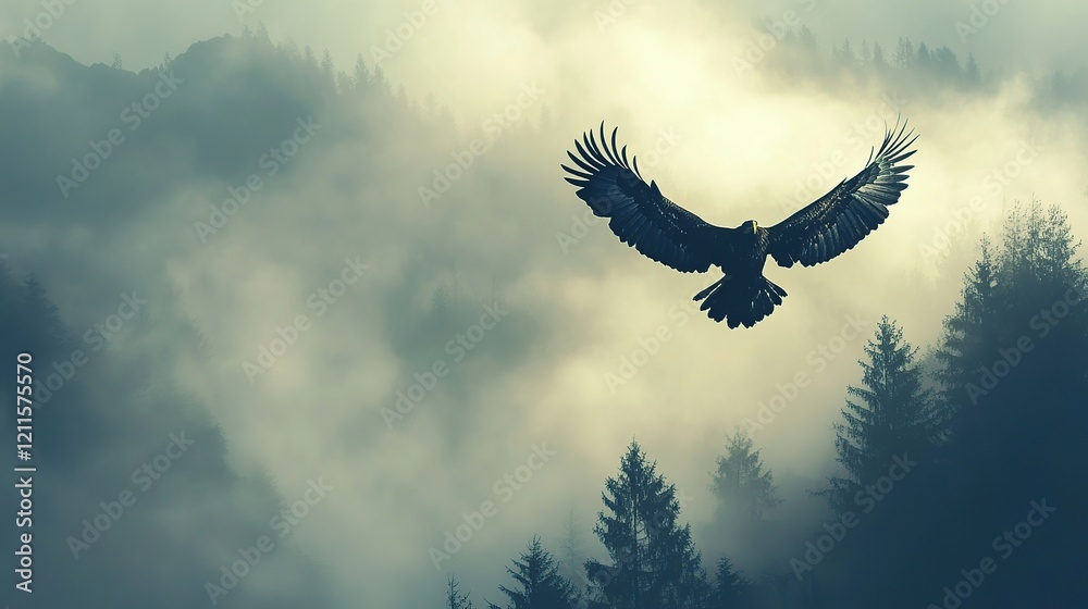Fototapeta premium Majestic eagle soaring above misty mountain forest.