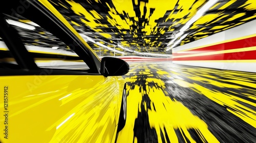Dynamic Yellow Car Driving Through Vibrant Abstract Tunnel