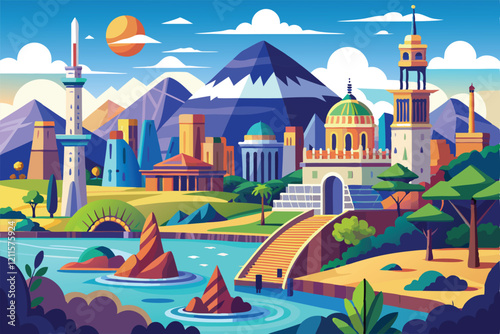 City architecture and monuments harmonize with nature, creating a stunning urban landscape under a bright blue sky, Landscape with urban architecture and monuments,